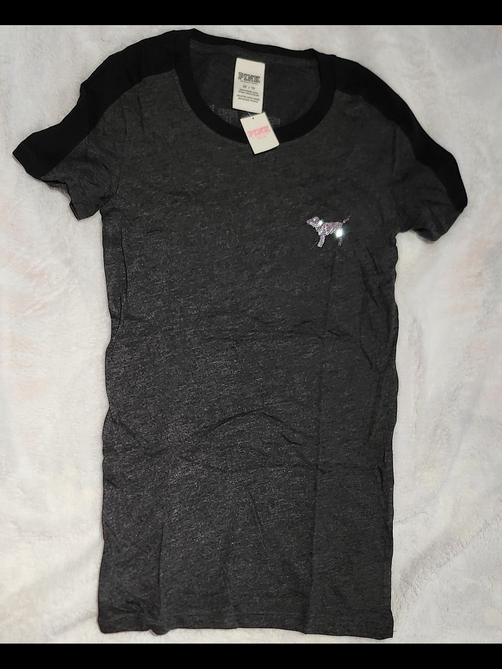Victoria's Secret PINK Charcoal & Black Short Sleeve Tee w/ Sequin Dog, Size XS